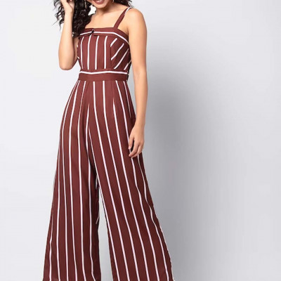 Women Maroon & White Striped Basic Jumpsuit